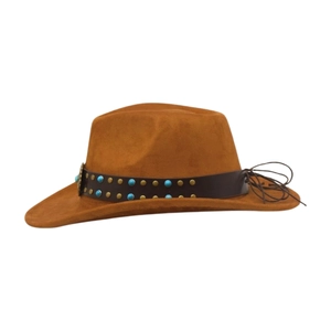 Detail of western cowboy hat with brown leather band, turquoise beads and metal studs