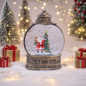 Lanterne de Noël bronze vintage avec Père Noël et paillettes, boule à neige lumineuse décor