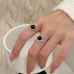 Minimalist 925 Sterling Silver Black Agate Ring For Women Retro Geometric Round Adjustable Open Ring Korean Style Jewelry