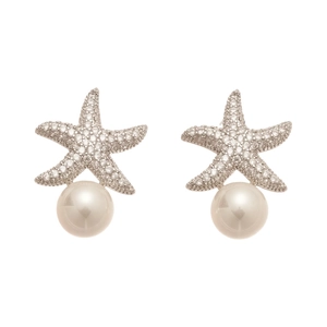 Boucles d'oreilles étoile de mer avec zircons et perles blanches rondes en argent