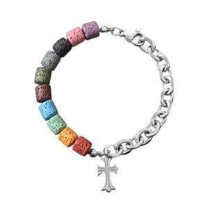 Stainless Steel Bracelet Colorful Volcanic Lava Stone Square Beads Half Chain Asymmetric Cross Pendant Trendy Fashion
