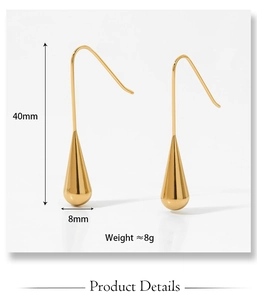 Detailed view of gold teardrop earrings showing dimensions 40mm length and 8mm width