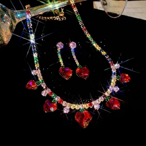 Luxury zircon heart jewelry set with necklace and drop earrings on black background