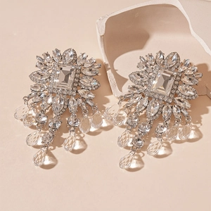 Luxury rhinestone flower tassel earrings with crystals on silver-tone base