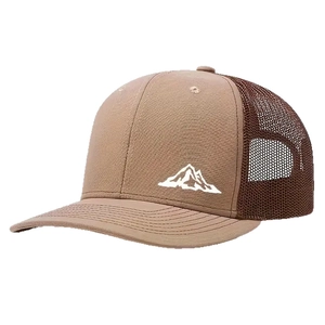 Classic brown trucker hat with white mountain embroidery and breathable mesh back