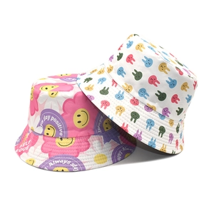 Bucket Hat Polyester Canvas Cartoon Print Smiley Flower Rabbit Outdoor Beach Sun Protection Reversible Foldable