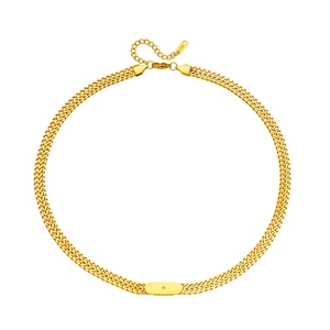 Flat weave gold stainless steel necklace with a rectangular pendant on a white background