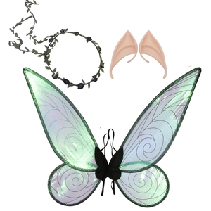 Detailed 3-piece fairy set with green butterfly wings, floral headpiece and elf ears