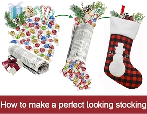 Three-step tutorial showing how to stuff a red and black plaid snowman Christmas stocking