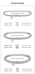 Detailed chart showing 925 silver tennis bracelet specs: 2mm, 3mm, 4mm zircon sizes
