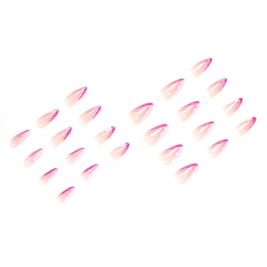 Pink and white gradient long almond press-on nails with white star pattern decorations