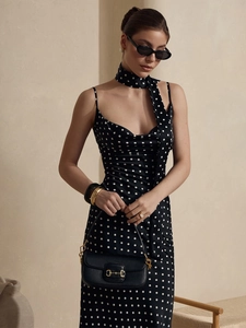 Polka dot backless maxi dress with matching scarf and vintage black horsebit handbag