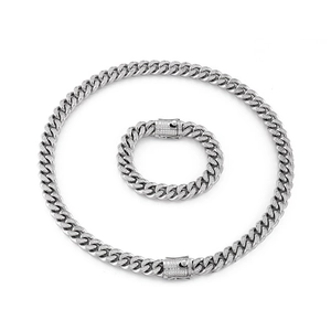 Silver iced out Cuban link necklace and bracelet set with CNC micro pavé rhinestones