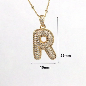 Gold plated letter R pendant necklace with cubic zirconia, 29mm height size guide