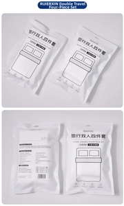 Detail of disposable bedding set packaging showing size specs for sheets and pillowcases