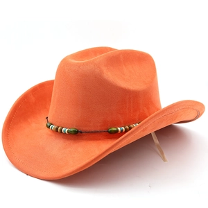 Detail of orange suede cowboy hat with stitched brim and colorful beaded rope band