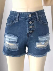 Women's blue high-waisted denim shorts with frayed edges and multi-button closure