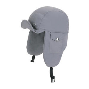 Grey winter trapper hat with fleece lining, ear flaps and adjustable chin strap