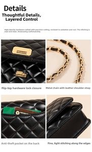 Detail view of quilted black leather shoulder bag showing gold clasp and metal chain strap