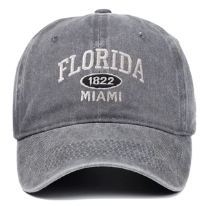 Vintage washed dark grey cotton baseball cap with Florida Miami embroidery for men and women