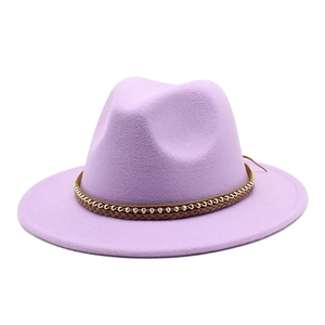 Detail of lavender wool fedora with brown braided band and metallic bead accents