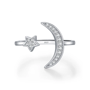 Romantic S925 sterling silver moon and star open ring with sparkling crystal stones