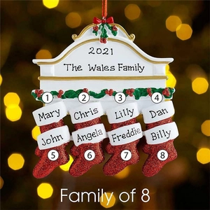 Custom resin Christmas stockings ornament for family of 8 with names on a plaque