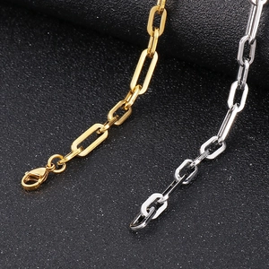 Detail of 3:1 rectangular paperclip chain with lobster clasp in gold and silver steel