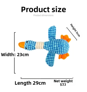 Blue polka dot goose dog plush toy showing dimensions 29x23x5cm and weight detail