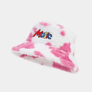 Pink cow print plush bucket hat with MUSIC embroidery for women winter fashion