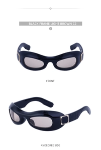 Front and side view of Y2K oval sunglasses with black frames and light brown lenses