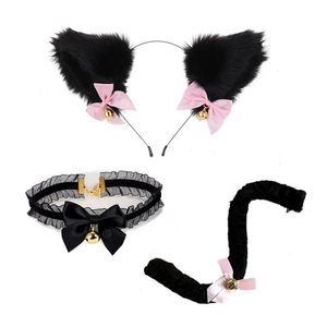 Detailed view of cat ears headband with ribbon neck choker and matching faux fur plush tail