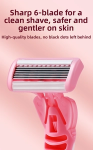 Détails de la tête de rasoir à 6 lames pour femmes avec bande lubrifiante et manche rose