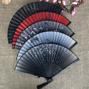 Folding Fan Satin Fabric Bamboo Frame Handheld Oriental Chinese Style Floral Butterfly Patterns With Tassel Decorative