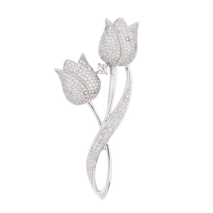 Elegant silver tulip flower brooch with micro-paved crystals for women's fashion outfits