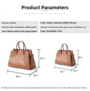 Size chart for genuine leather tote bags showing dimensions for large and small models