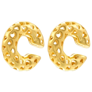 Elegant gold-tone C-shape ear cuff with hollow heart patterns and polished finish