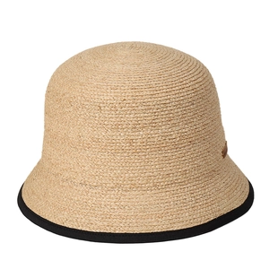 Cappello a secchiello in rafia intrecciata da donna con design beige e bordo nero rifinito