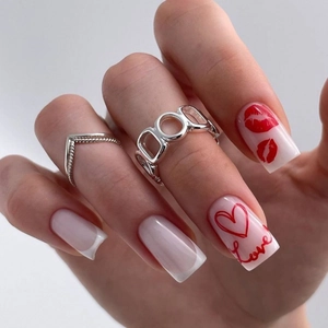 Valentine's Day Press On Nails White French Tip Red Heart Lip Print Plastic Square Reusable Artificial Fingernails For Women