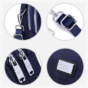 Dark blue oxford cloth crossbody bag with multi-compartments and adjustable silver buckle