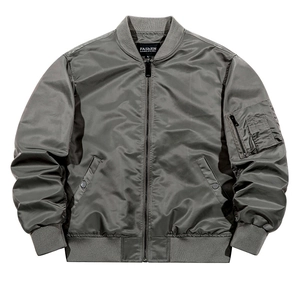 Classic dark grey men's MA1 bomber jacket with metallic satin finish and ribbed trims