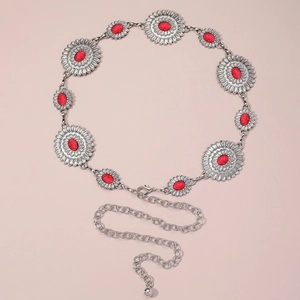Bohemian silver metal waist chain featuring sunflower links with red turquoise stones
