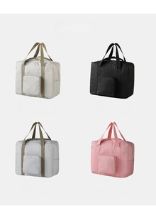Travel bags shown in khaki, black, gray, and pink colors with sturdy nylon fabric
