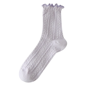 Pale purple mesh crew socks with lettuce edge trim and cable knit texture on white background