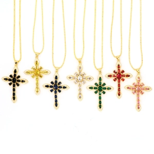 Vintage Western Copper Cross Pendant Necklace Multicolor Rhinestone Electroplated Clavicle Bead Chain Jewelry For Women