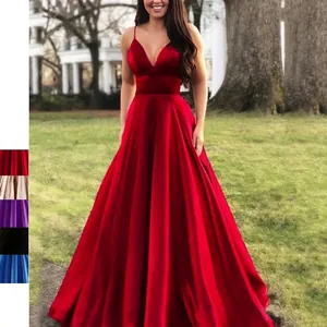 Robe Longue En Satin Élégante Pour Femmes Col En V Sexy Bretelles Dos Nu Robe De Soirée Unie Pour Banquets Formels