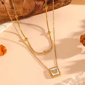 18K gold plated double layer necklace with butterfly butterfly pendant and beaded chain