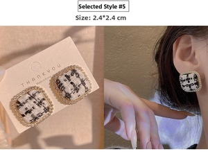 Detail showing square tweed earrings with gold metal frame and dimensions 2.4*2.4cm