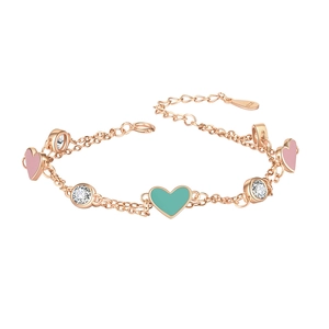 Elegant S925 silver double-layer heart bracelet with pink enamel and cubic zirconia charms