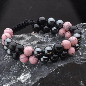 Double-layer 8mm pink turquoise and black magnetic bead bracelet with woven adjustable cord